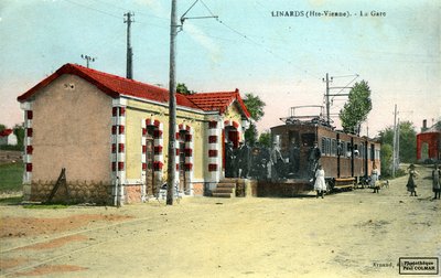 Tramway et gare à Linards avant 1922 (carte postale colorisée)