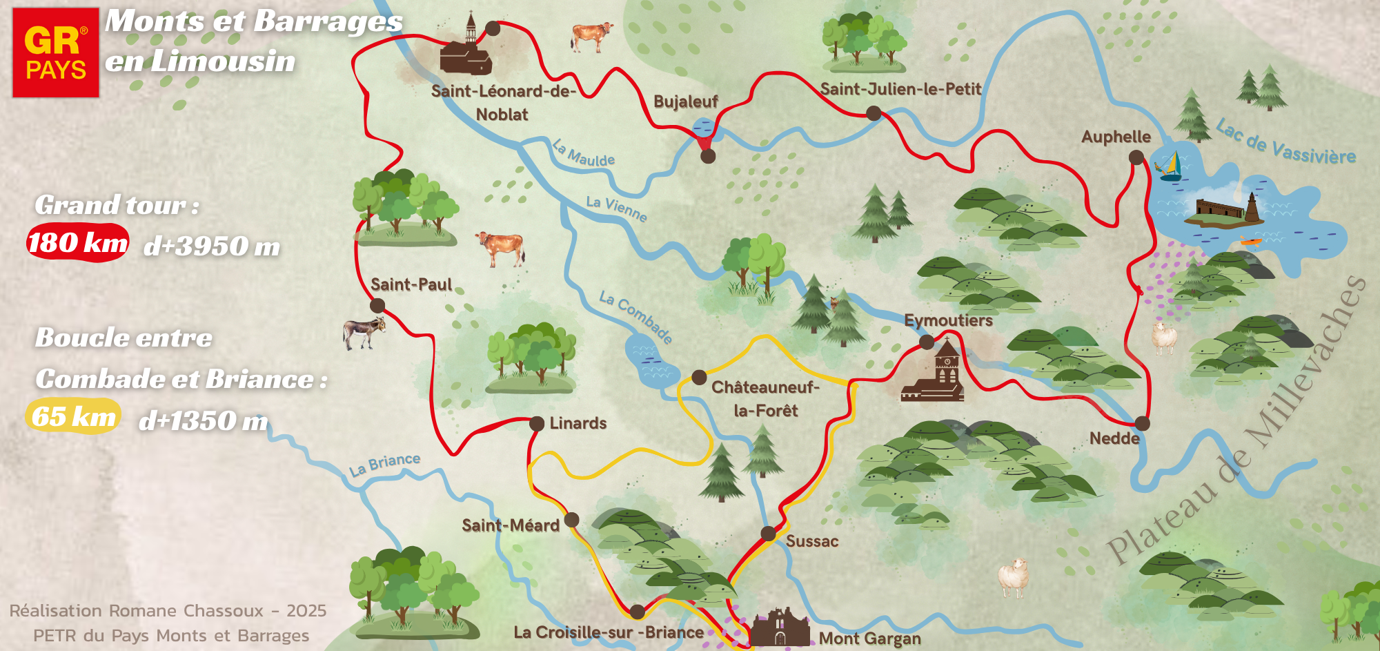 Carte illustrée du GR® de Pays Monts et Barrages en Limousin